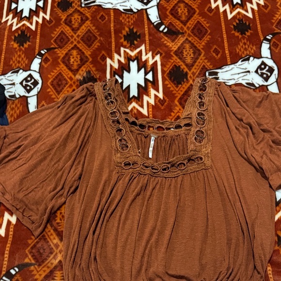 Free People Tops - Free People Rust/Brown Crochet-Trim Peasant Blouse